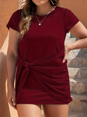 Plus Size Solid Cap Sleeve Round Neck Mini Dress