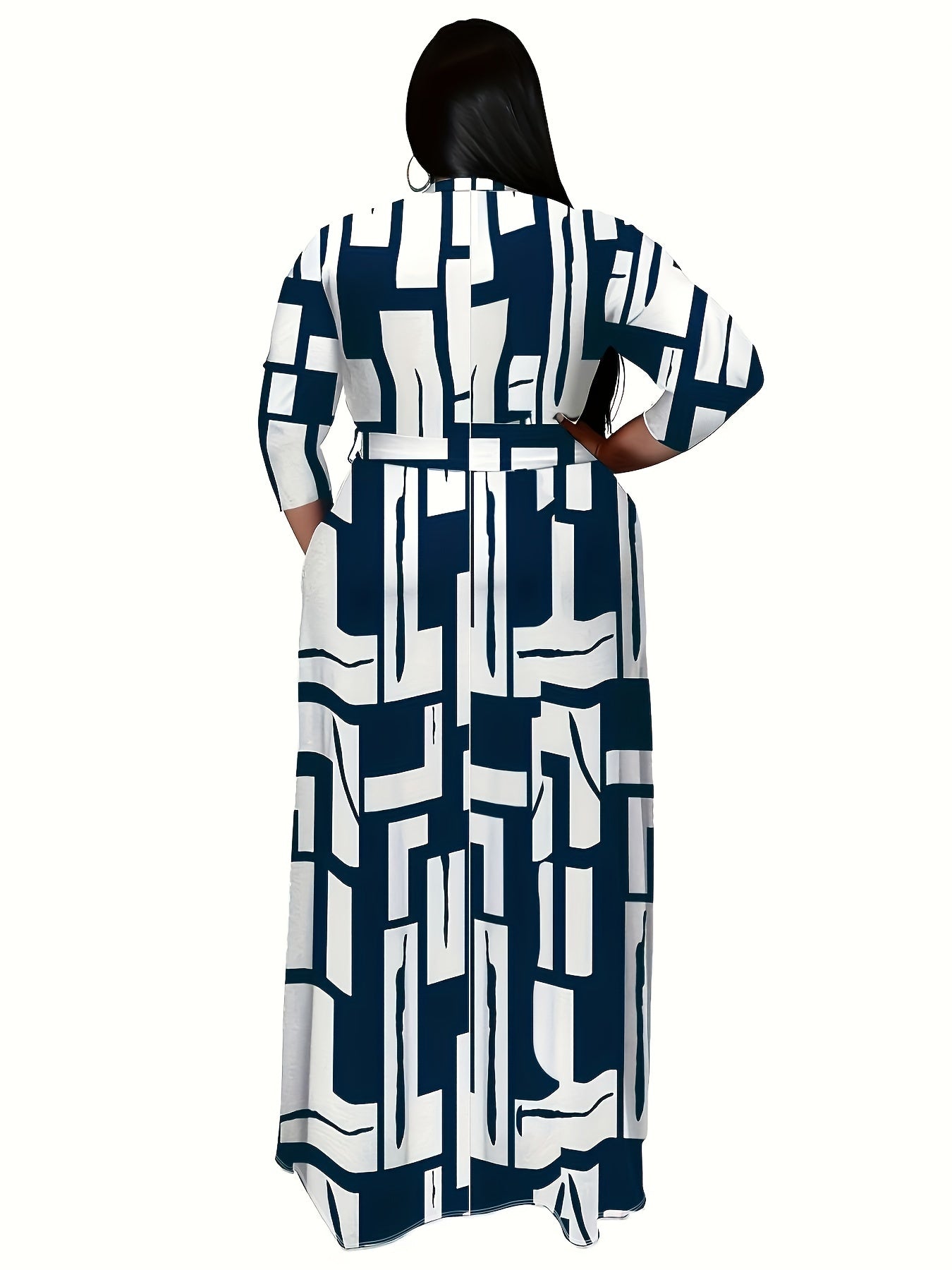 Plus Size Casual Geometric Print Maxi Dress with Belt