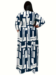 Plus Size Casual Geometric Print Maxi Dress with Belt