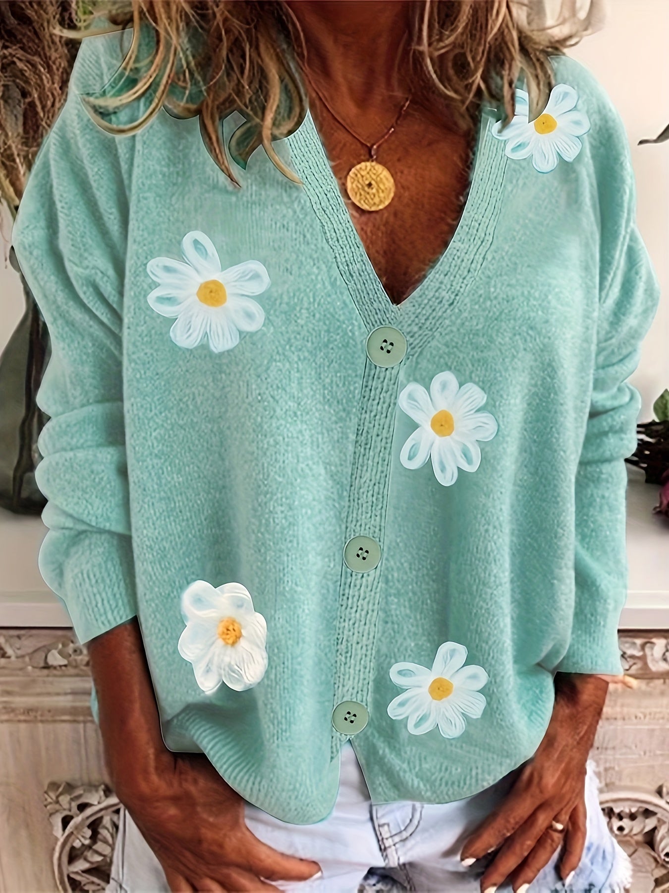 Floral Cardigan Long Sleeve V Neck