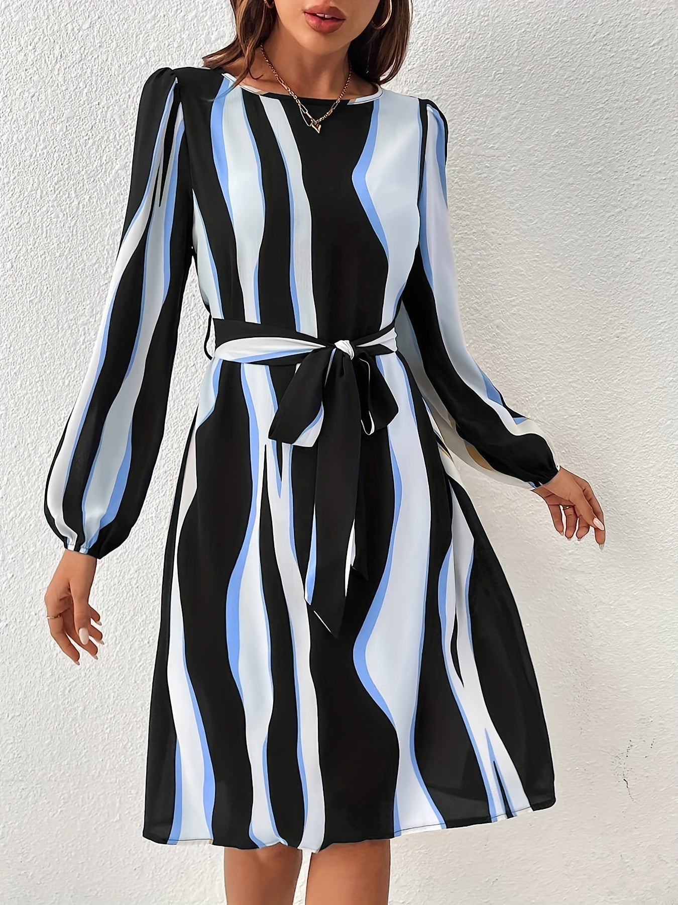 Abstract Ripple Print Dress Crew Neck Long Sleeve Dress