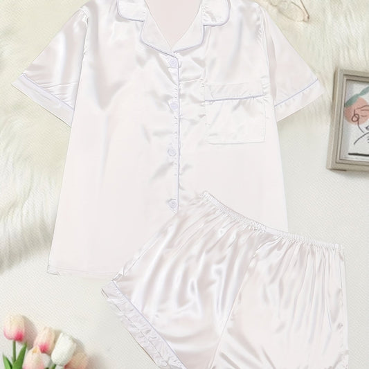 Pajama Set Satin Short Sleeve Shirt & Shorts Home Wear Two Piece