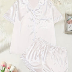 Pajama Set Satin Short Sleeve Shirt & Shorts Home Wear Two Piece