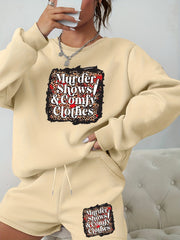 Halloween 2pcs Set Women's Plus Letter Print Sweatshirt & Shorts