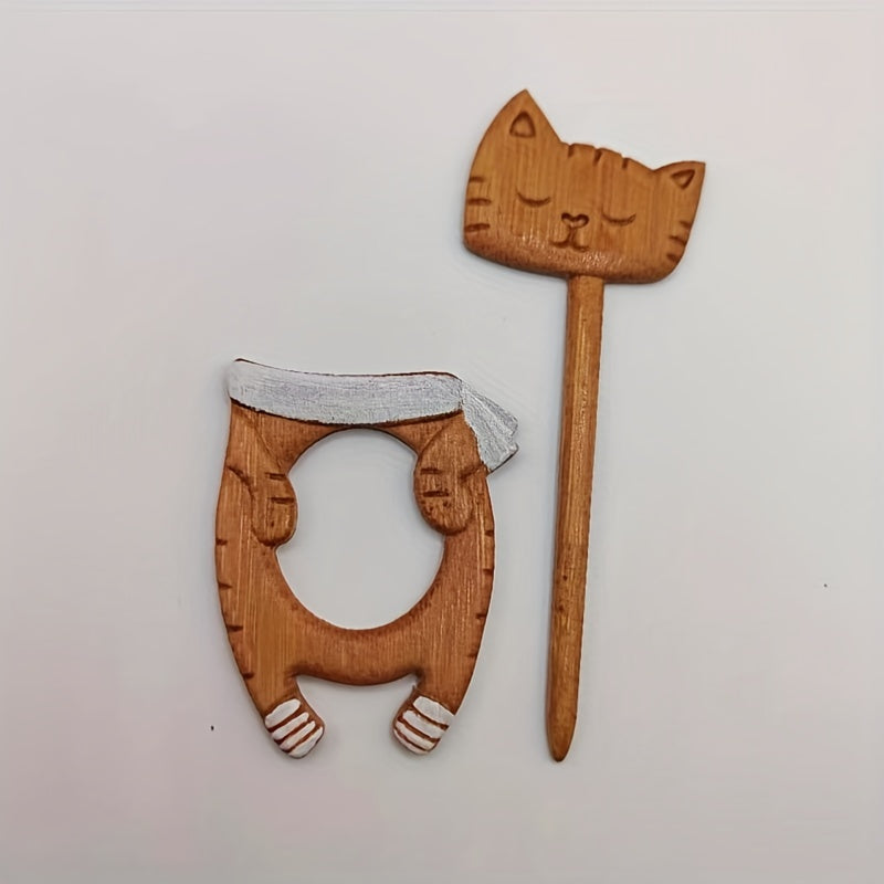 Wooden Animal Sleeping Kitten Brooch For Girls