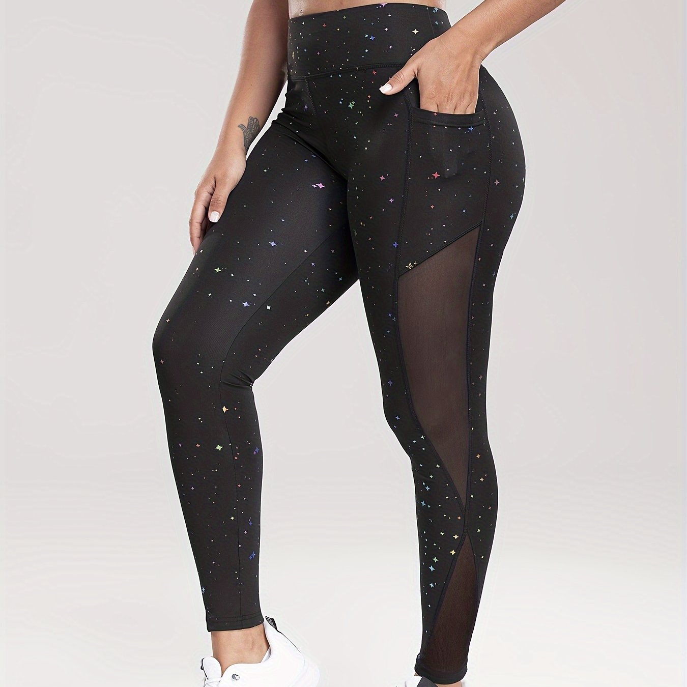 Star Print Mesh High Stretch Yoga Leggings With Pocket