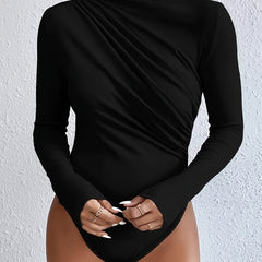 Ruched Bodysuit Mock Neck Long Sleeve Stretchy Solid Skinny One Piece