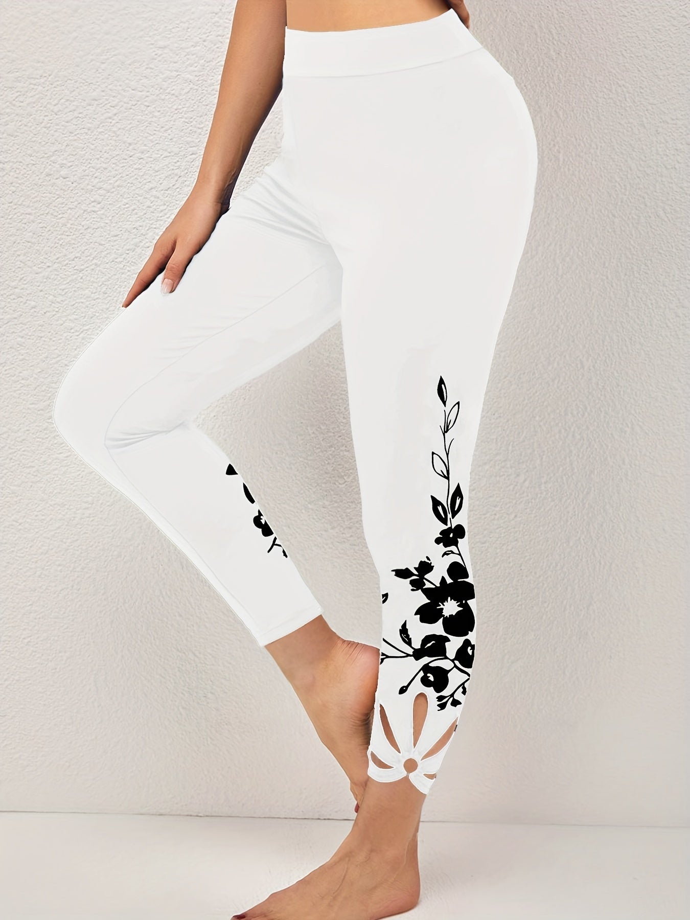 Floral Print Cut Out Cropped Leggings High Waist Skinny Casual Leggings