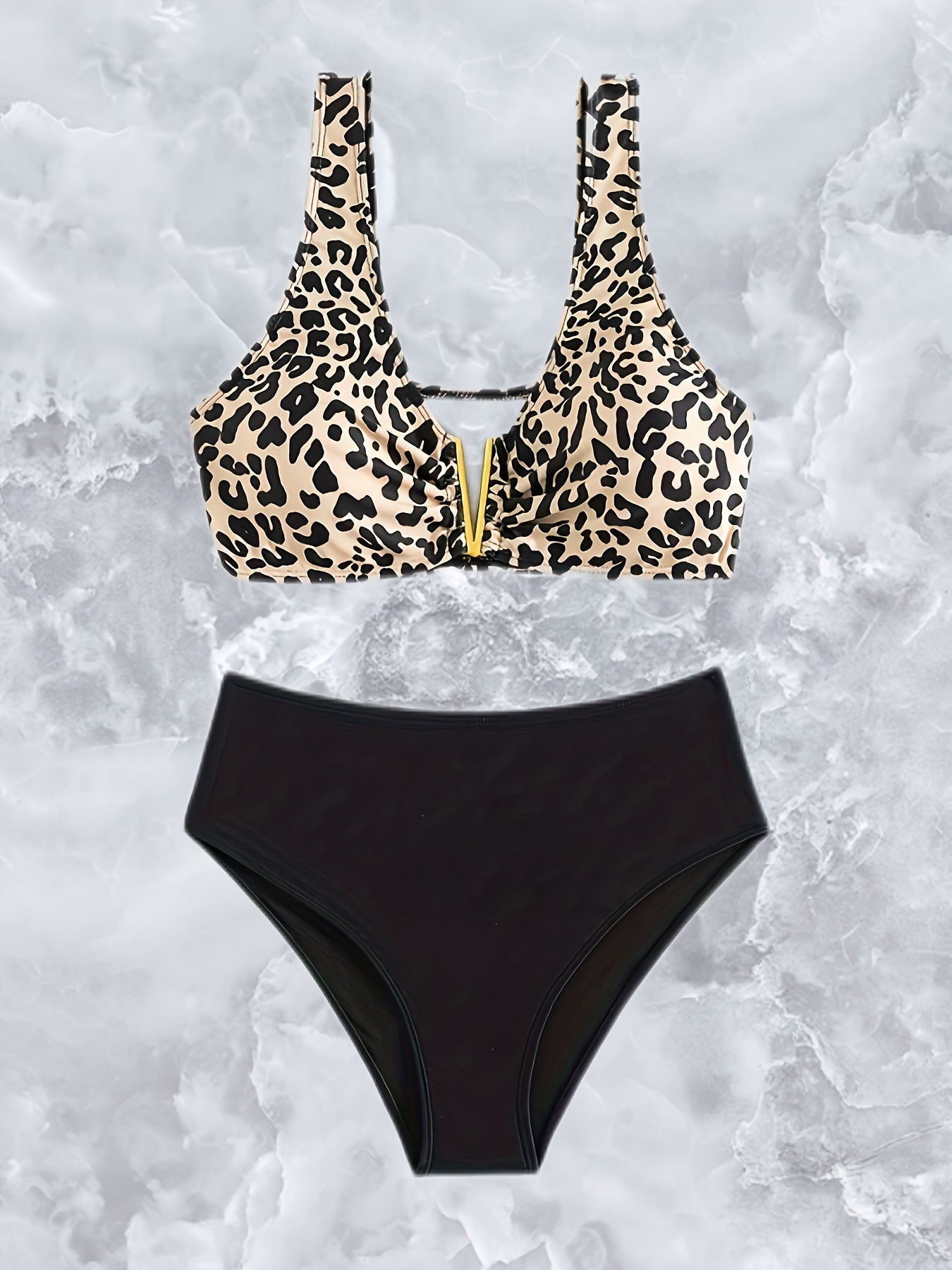 Leopard Print 2 Piece Bikini Set Stretchy High Waist Swimsuit