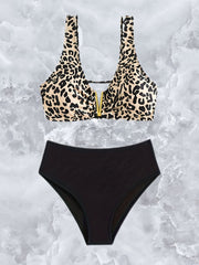 Leopard Print 2 Piece Bikini Set Stretchy High Waist Swimsuit