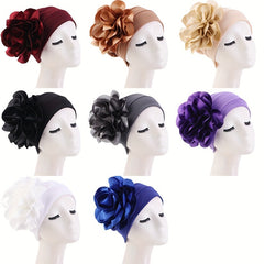 Big Flower Turban Cap Solid Head Wrap Elastic Bonnet Chemo Cap
