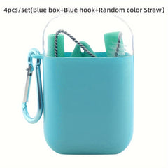 4pcs Silicone Straws Set w/ Brush, Box, Hook & Collapsible Straw