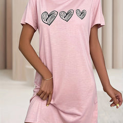 Heart Print Short Sleeve Round Neck Stretch Sleep Dress