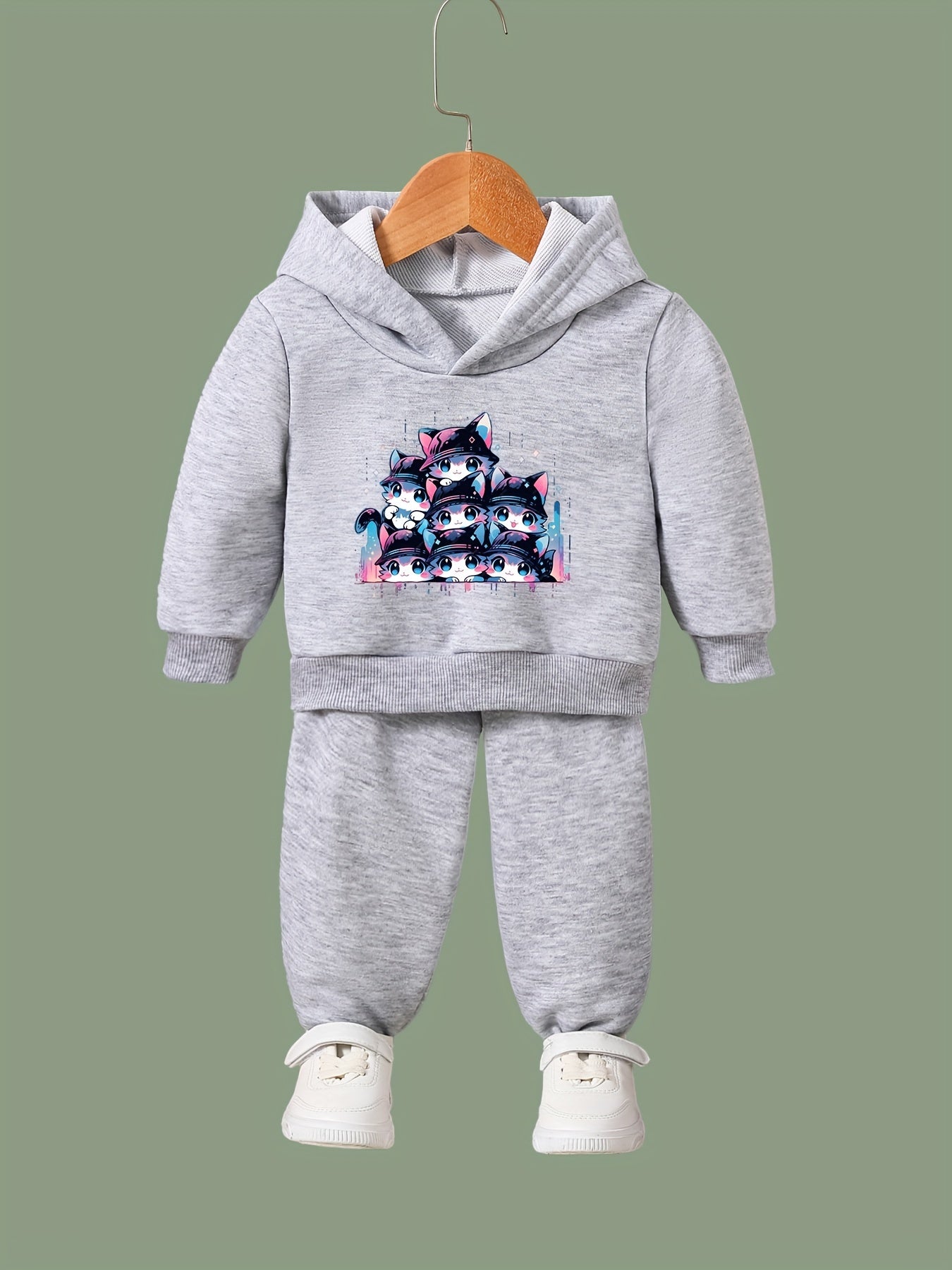 Disco Kitty Print Girls Hoodies Jogger Pants Set for Sports Spring Fall