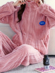 Plush Pajamas Soft & Warm Zip Top & Pants Women's Sleepwear