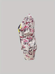 Cartoon Print Round Neck Top & Shorts Set