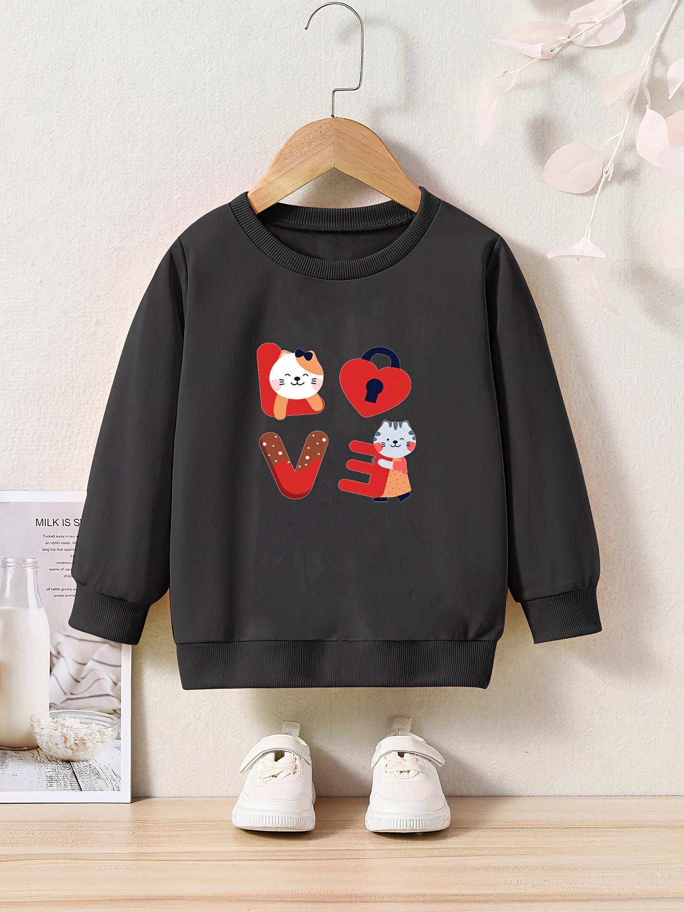 Cats And LOVE Letter Print Girls Pullover Sweatshirt