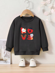 Cats And LOVE Letter Print Girls Pullover Sweatshirt