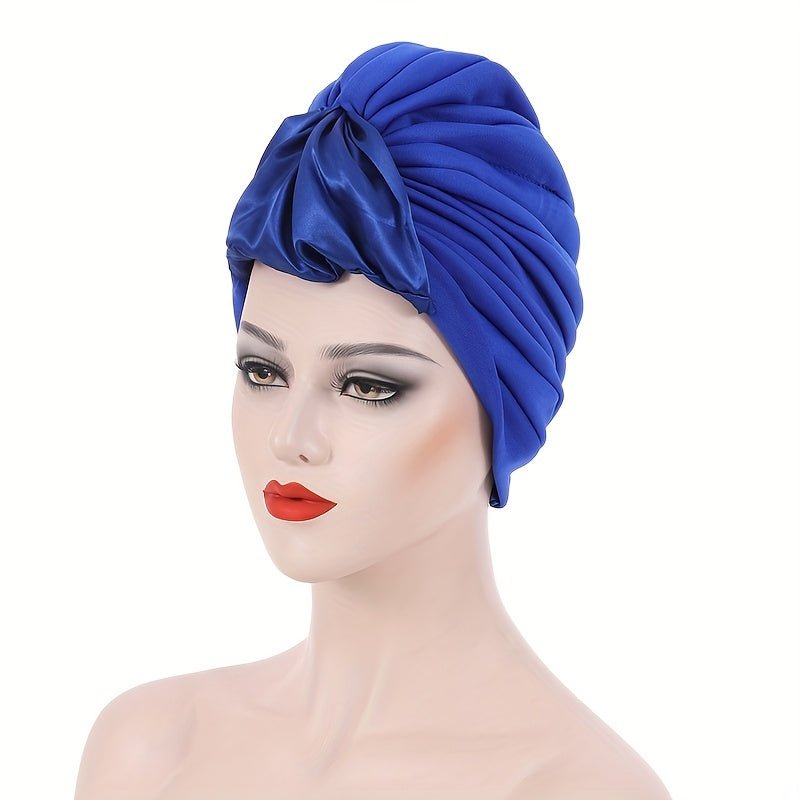 Satin Knot Pleated Turban Cap Solid Bonnet Women Chemo Hats
