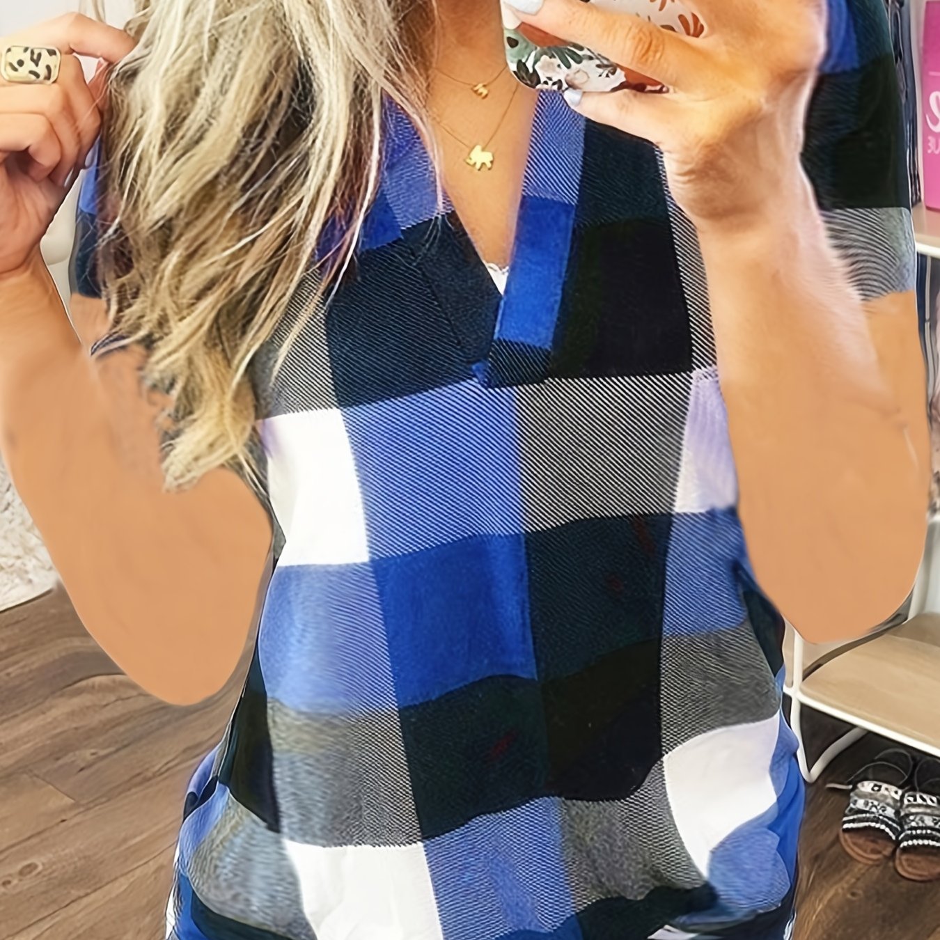 Plus Size Gingham Print V Neck Tee