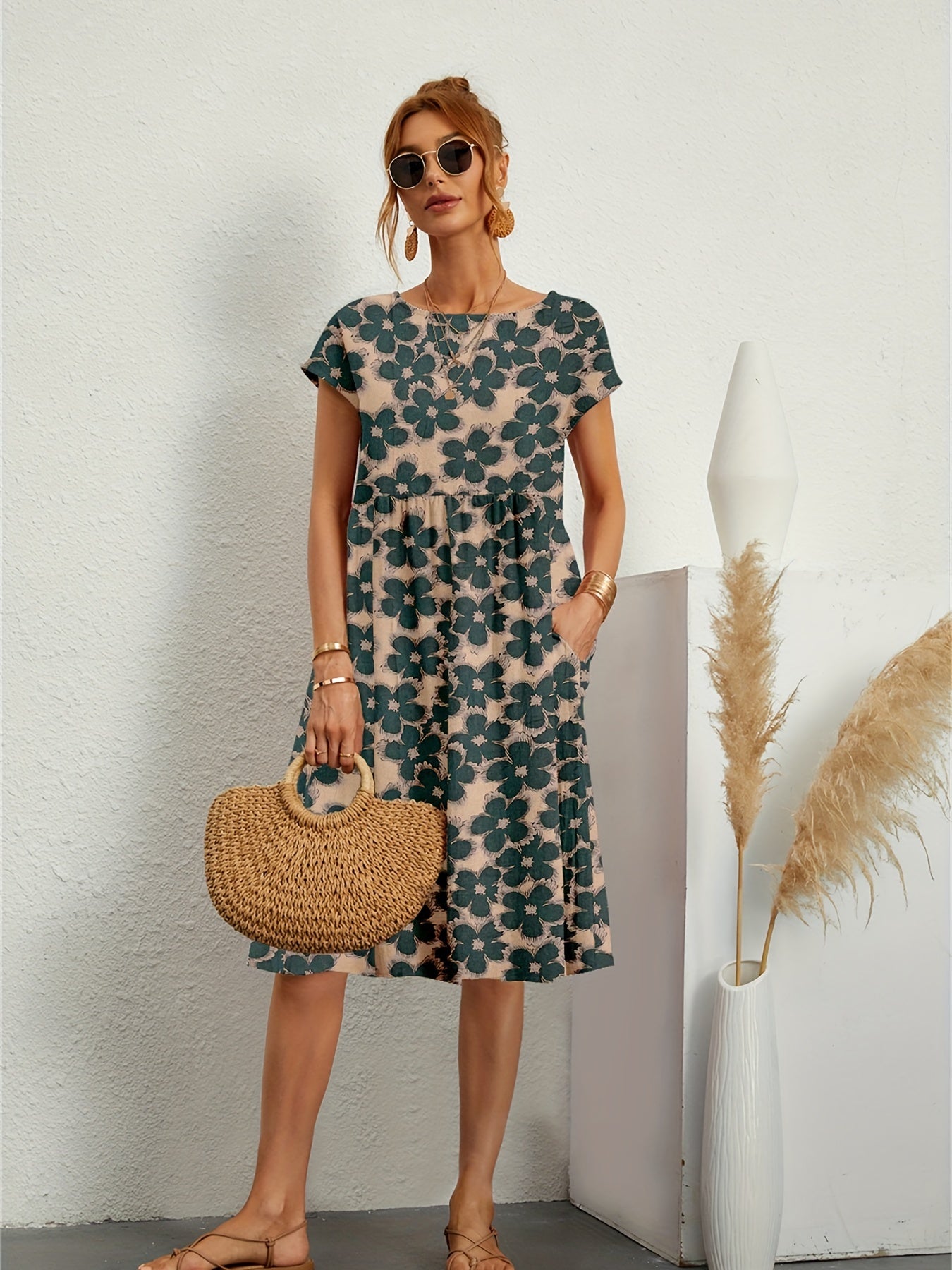 Floral Print Short Sleeve Dress Vintage Style