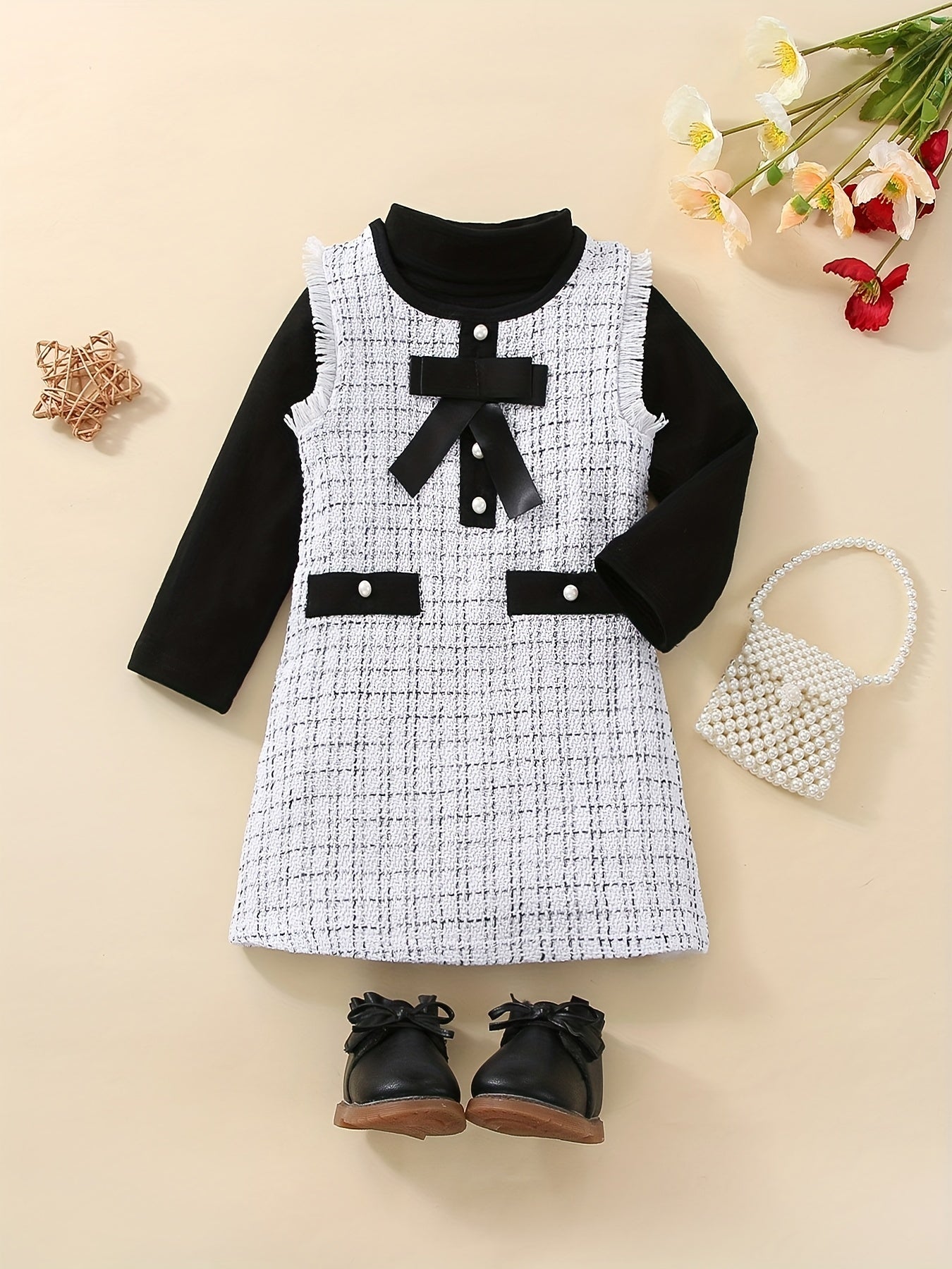 Girls Houndstooth Bow Dress Shirt Set