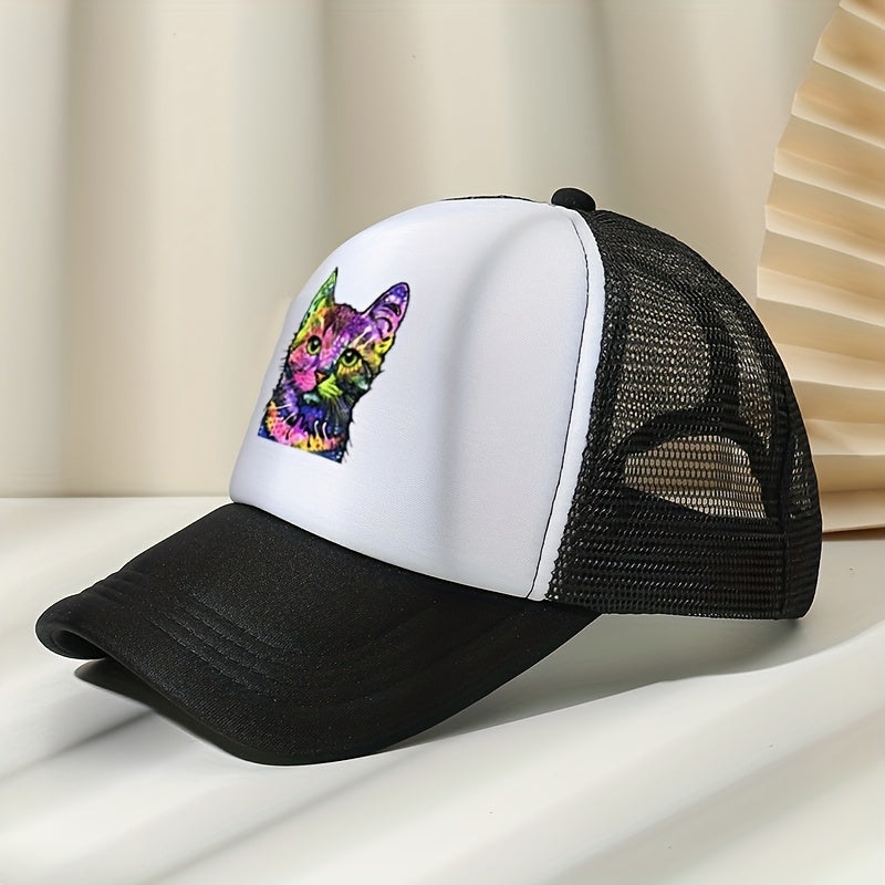 Y2K Rainbow Cat Baseball Cap Mesh Trucker Dad Hat Adjustable Sun Hats