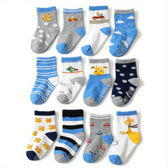 12 Pairs Boys Cartoon Knit Cotton Socks Non-Slip Crew Socks