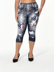 Flag & Denim Print High Waist Leggings