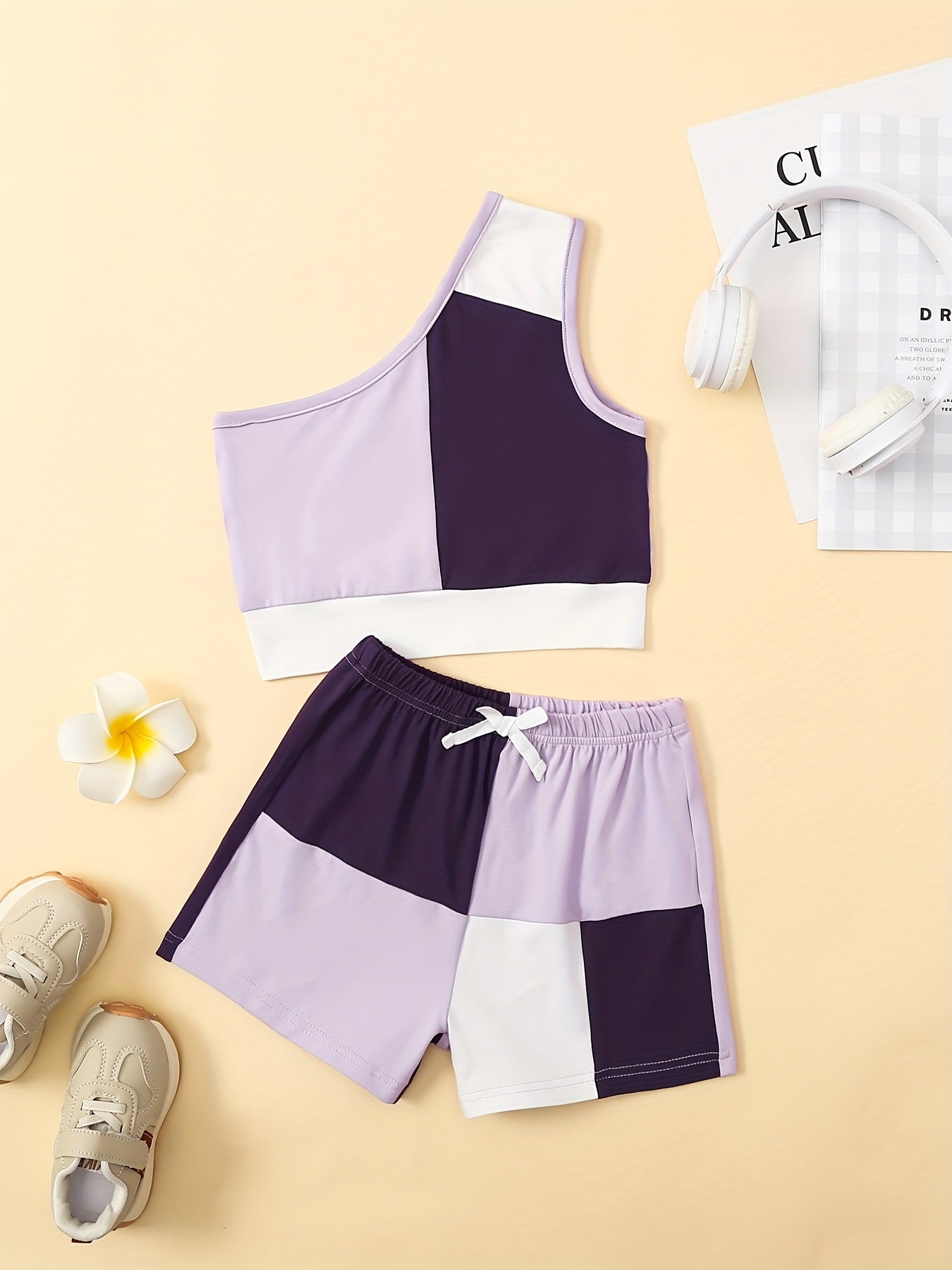 Girls Patchwork One Shoulder Top & Shorts Set For Kids Summer