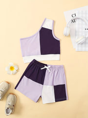 Girls Patchwork One Shoulder Top & Shorts Set For Kids Summer
