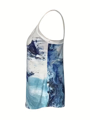 Marble Print V Neck Top Sleeveless Casual Summer Versatile