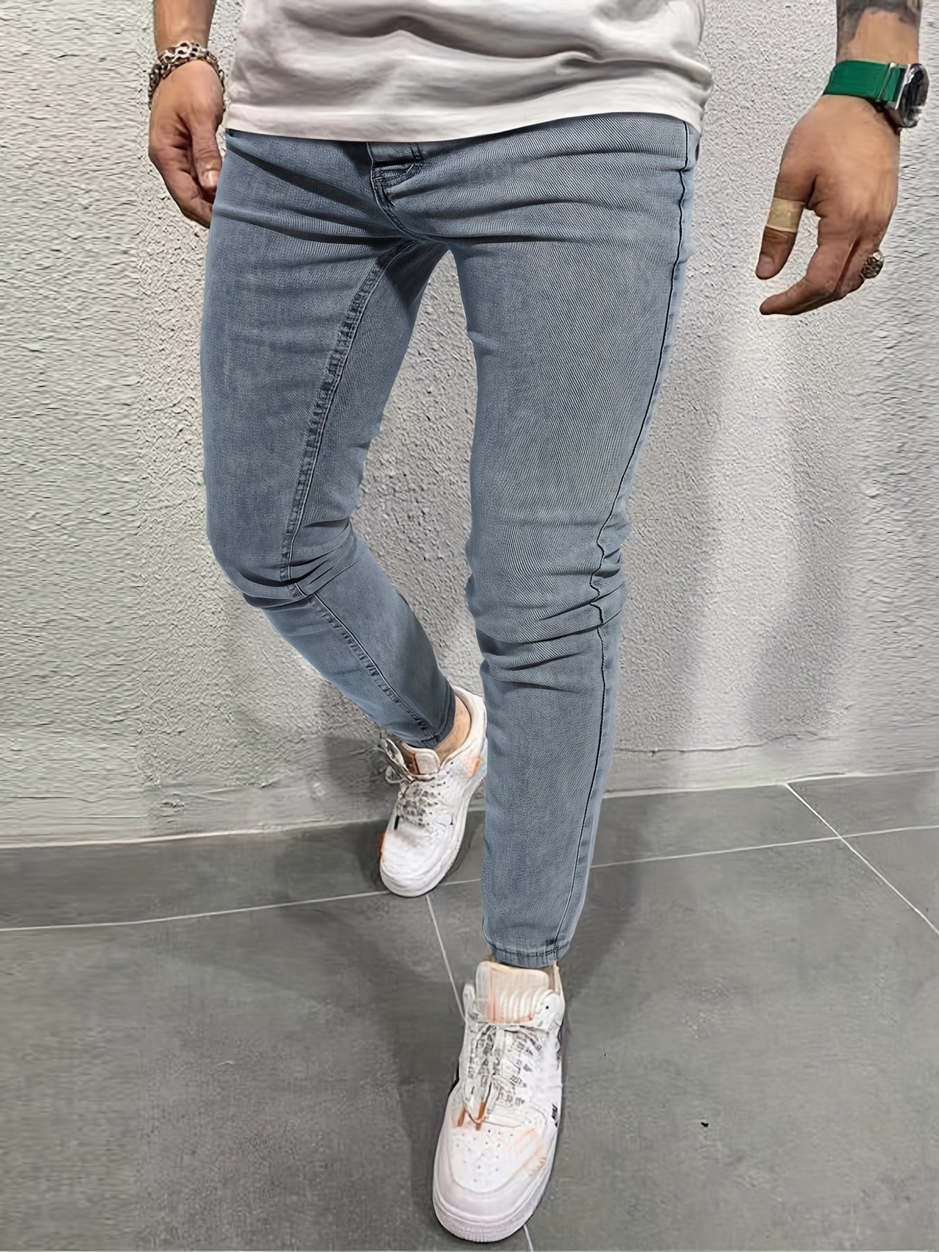Classic Distressed Slim Fit Jeans Men's Casual Stretch Denim Pants