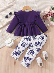 2pcs Baby Girls Ruffles T Shirt & Floral Print Pants Set