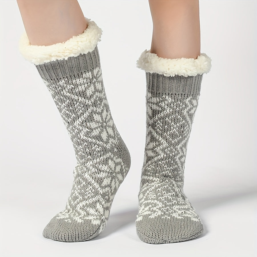 Snowflake Print Plush Socks Mid Tube Women's Stockings