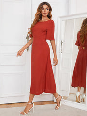 Red Crew Neck Backless Flounce Sleeve A-Line Bridesmaid Dress