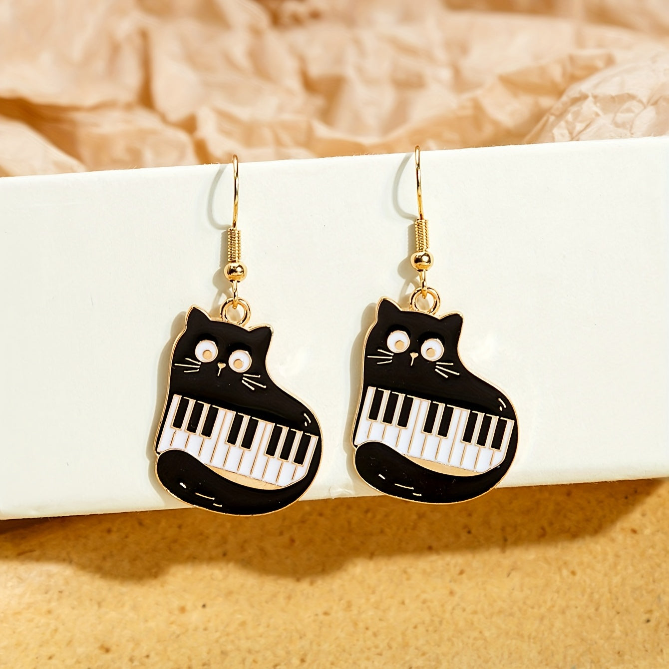 Cat Piano Enamel Dangle Earrings Silver Plated Jewelry Gift