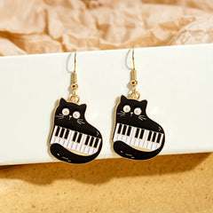 Cat Piano Enamel Dangle Earrings Silver Plated Jewelry Gift