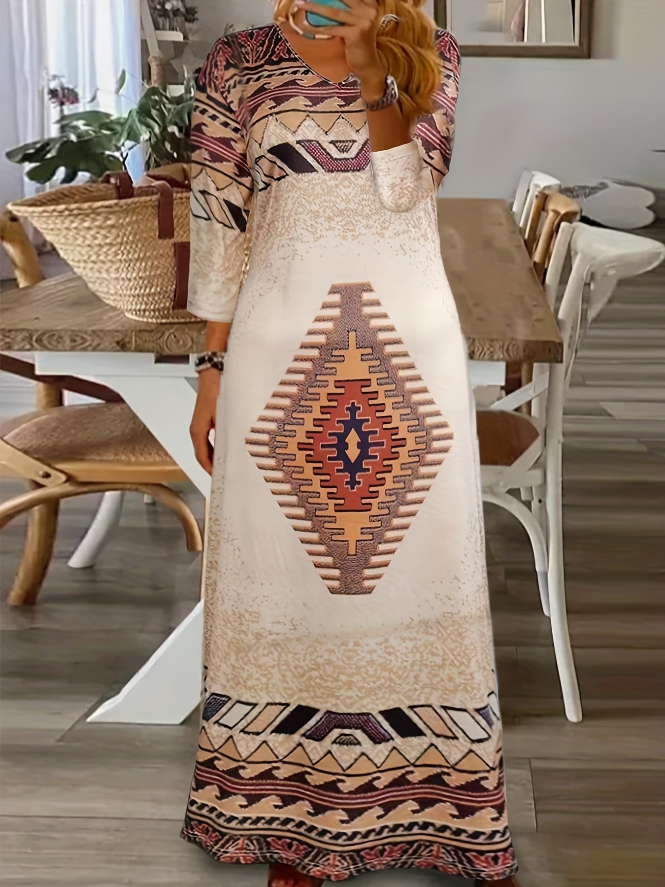 Southwestern Print V Neck Maxi Dress