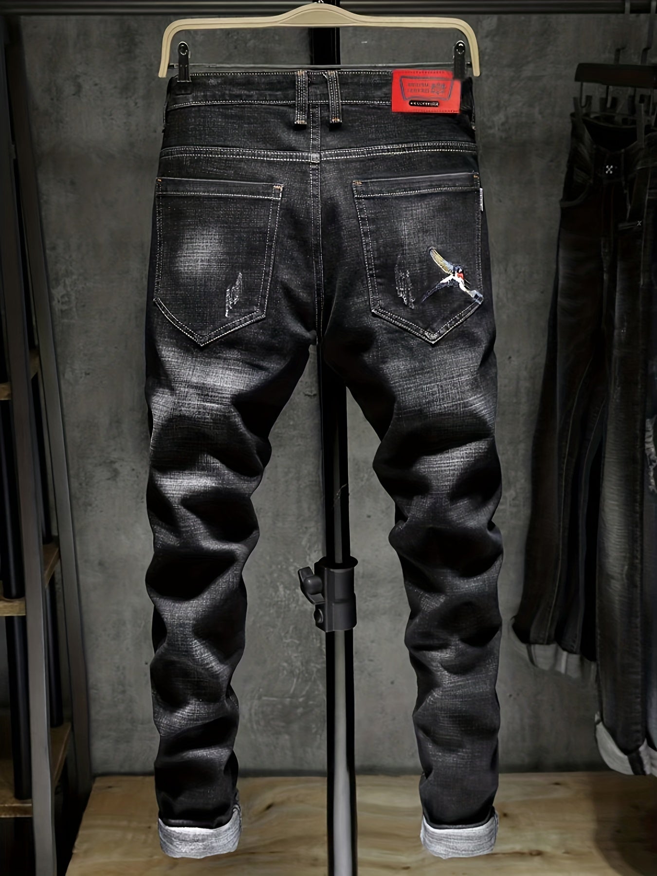 Men's Embroidered Denim Jeans Slim Straight Stretch Pants