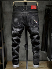 Men's Embroidered Denim Jeans Slim Straight Stretch Pants