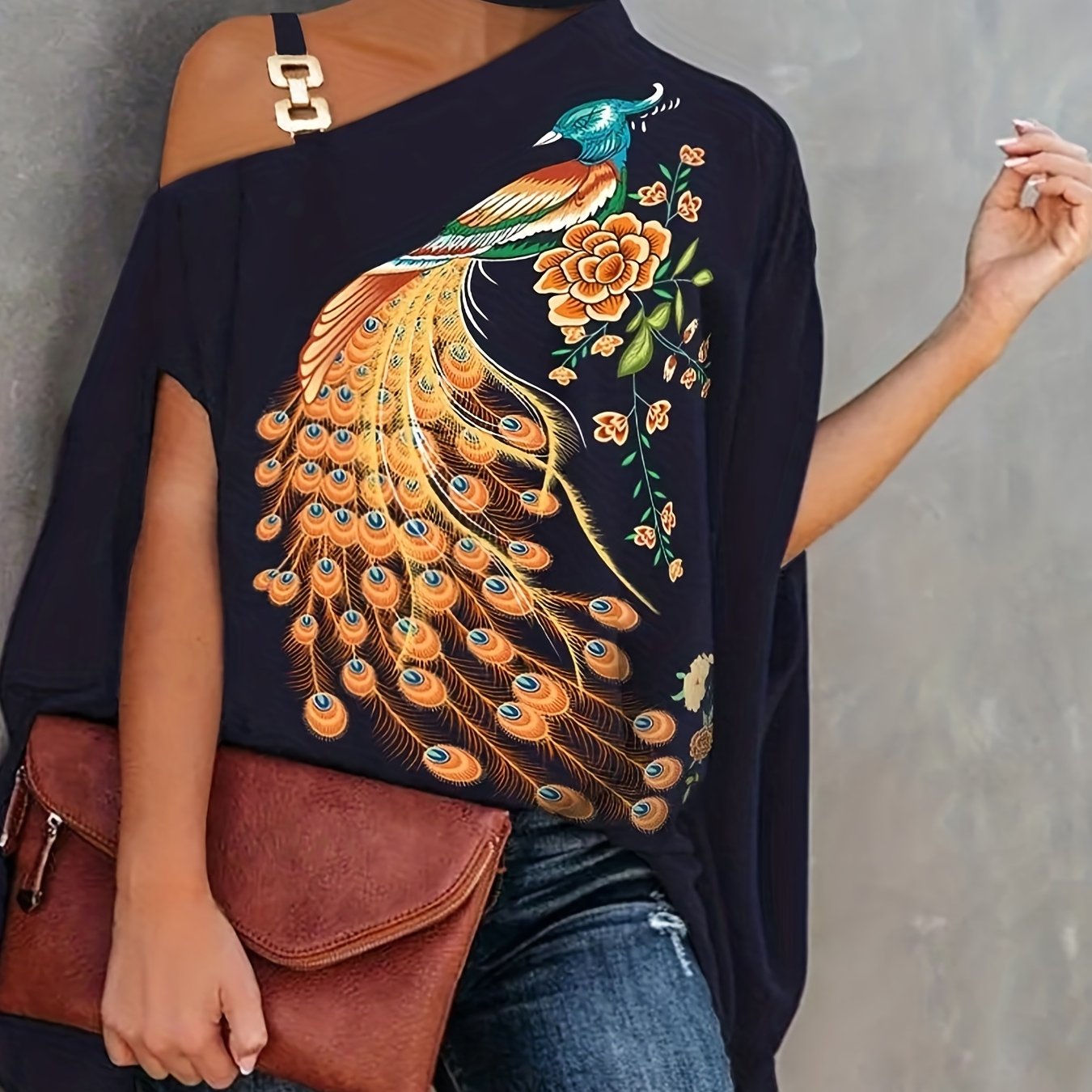 Graphic Print One Shoulder Casual Blouse