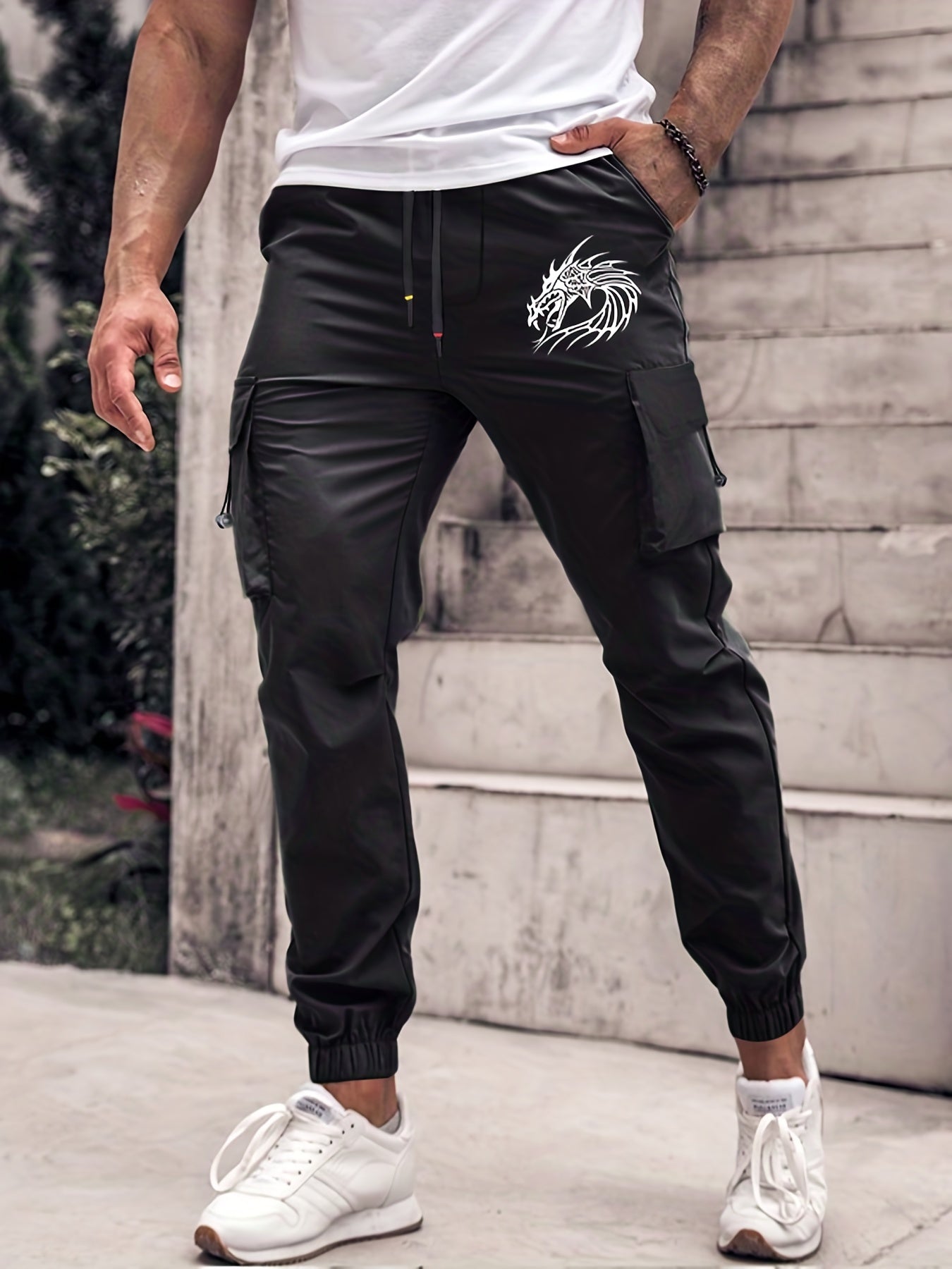 Dragon Pattern Cargo Pants Men's Straight Leg Casual Outdoor Trousers