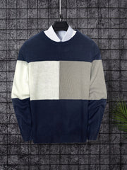 Knitted Block Sweater Men's Casual Warm Crew Neck Pullover
