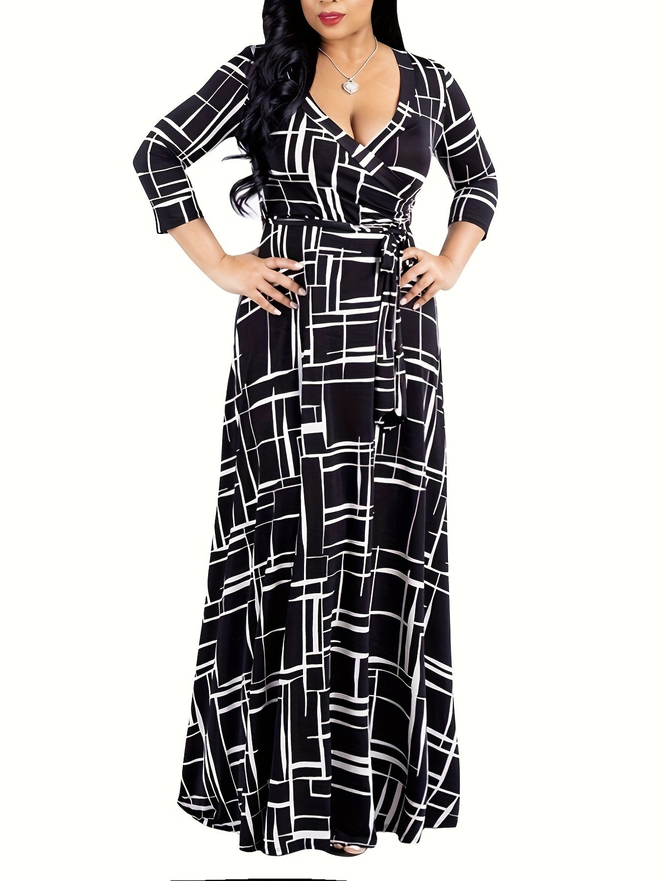 Geometric Print Long Sleeve Maxi Dress With Belt