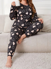 Women's Plus Heart Print Pajamas Set Long Sleeve Tee & Joggers Lounge Set