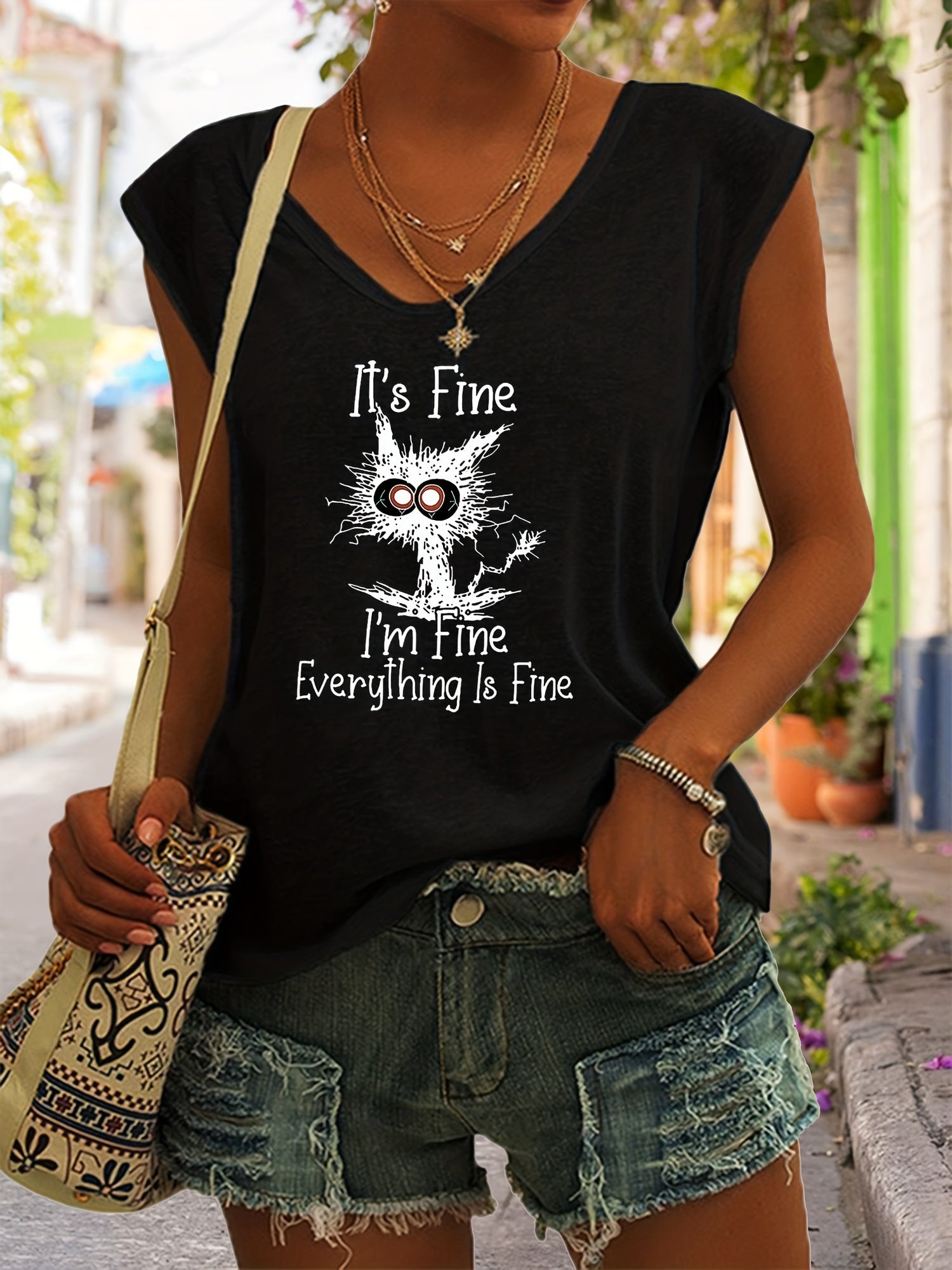 Fine Print Tank Top Sleeveless Casual Top for Summer & Spring Women's