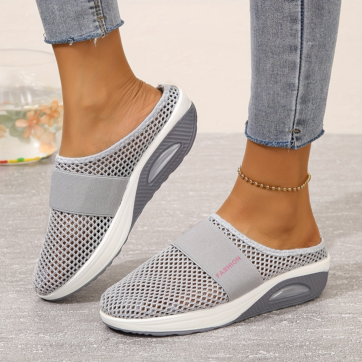 Solid Mesh Sports Slippers Air Cushion Backless Sandals Women Footwear
