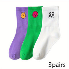 3 Pairs Girls Cartoon Pattern Socks Candy Breathable Comfy Children's Socks