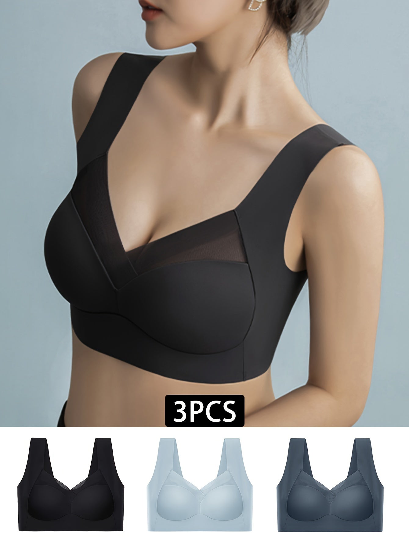 3pcs Wireless Mesh Stitching Bra Seamless Intimates Lingerie